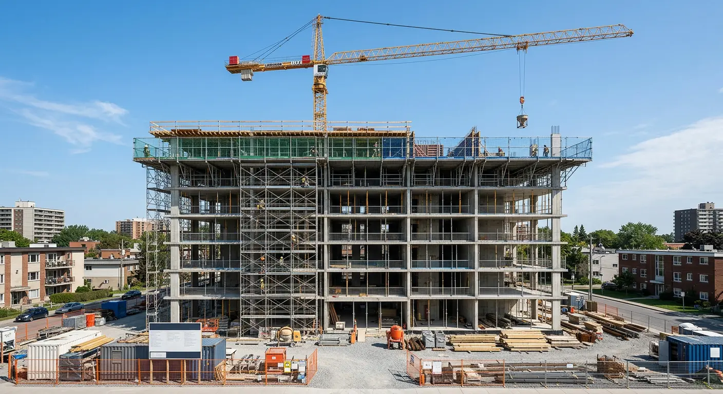 Estrutura de concreto de prédio residencial em obra com grua e céu azul