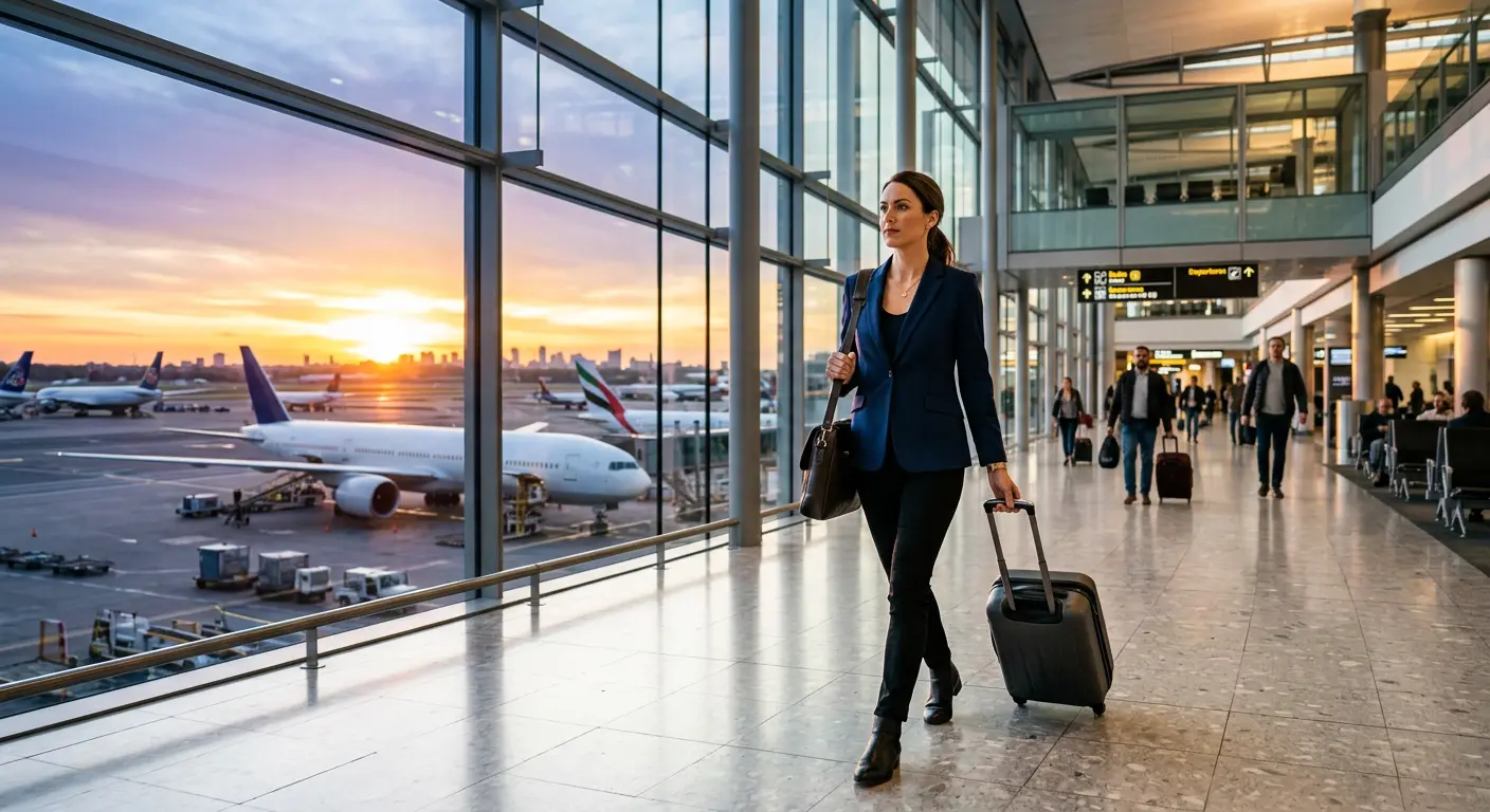 Executiva caminhando em terminal de aeroporto com aviões ao nascer do sol