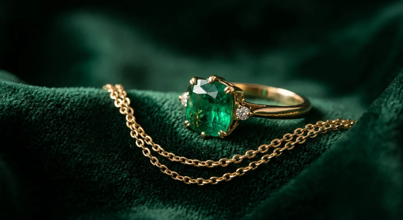 Anel de ouro com pedra lapidada e corrente delicada sobre veludo verde