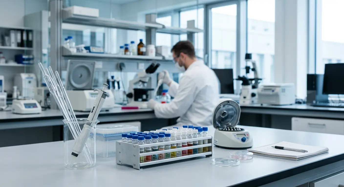 Laboratório de biotecnologia com pipetas e frascos sob luz fria