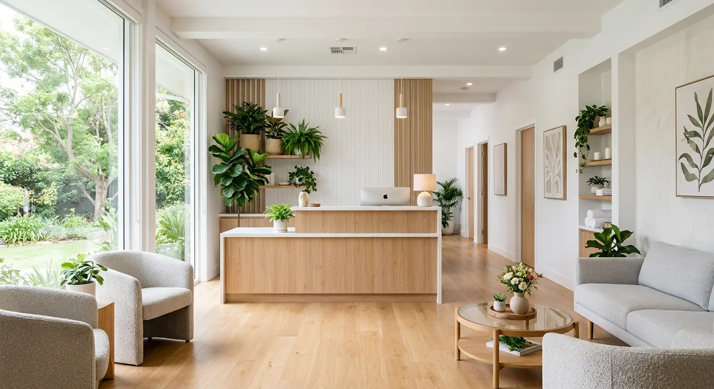 Recepção clara de clínica com madeira, plantas e luz natural