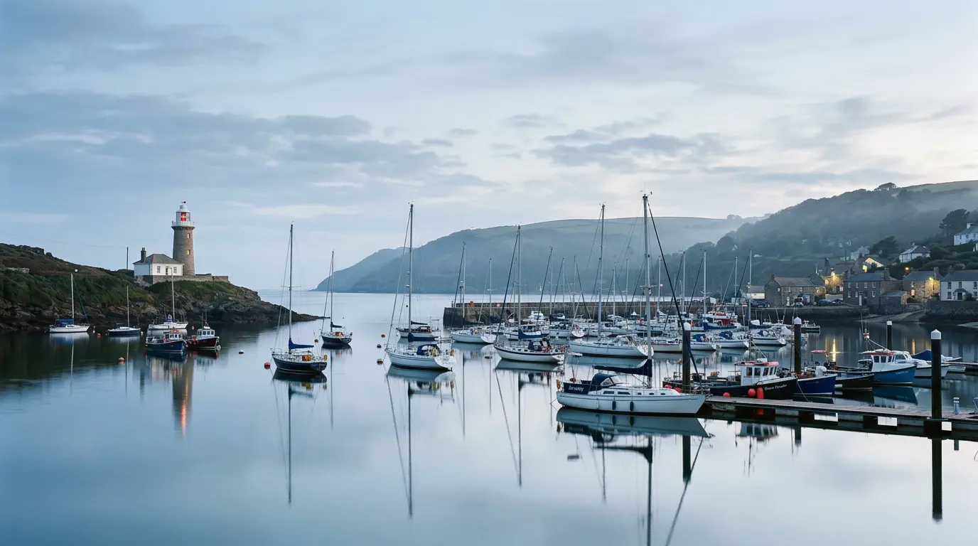 Porto calmo com farol e veleiros ancorados ao amanhecer