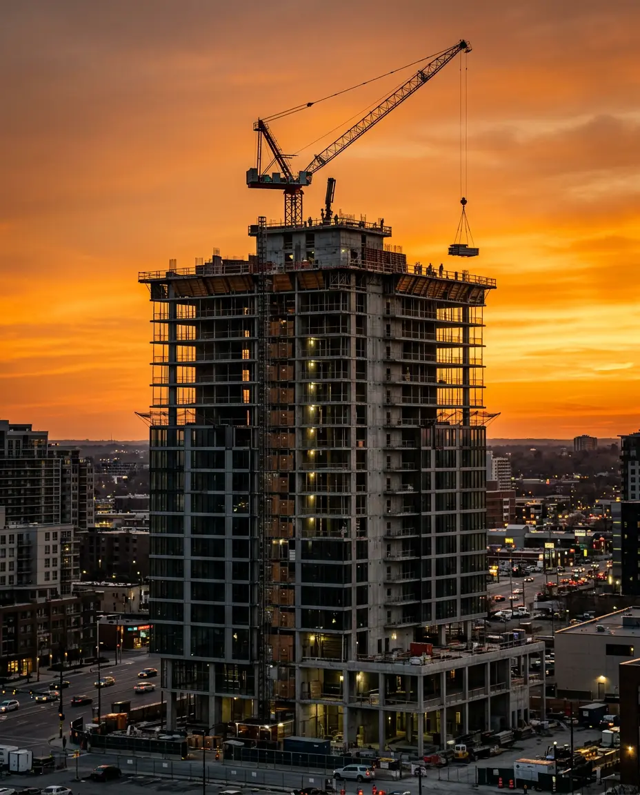 Edifício residencial moderno em construção com grua ao pôr do sol