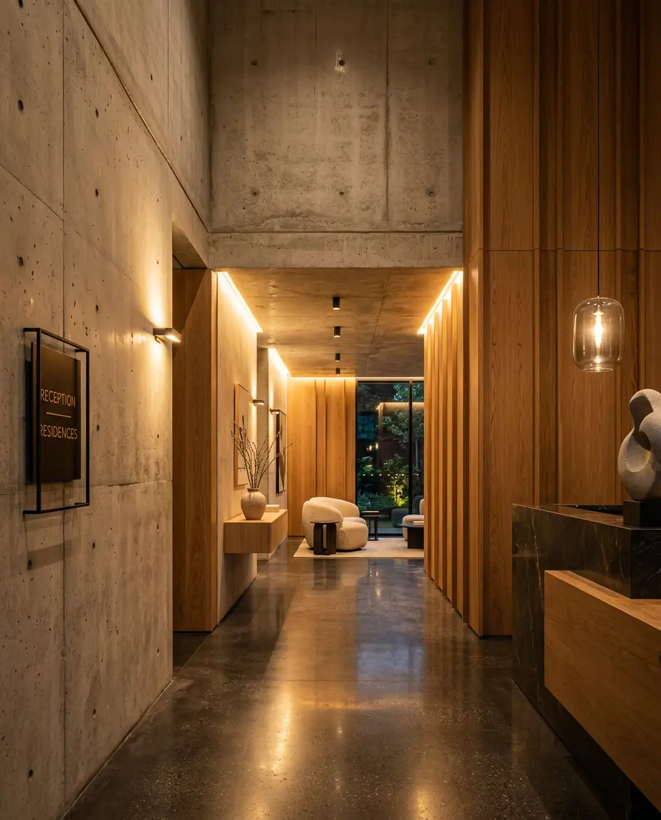 Lobby de edifício com concreto aparente, madeira e iluminação quente
