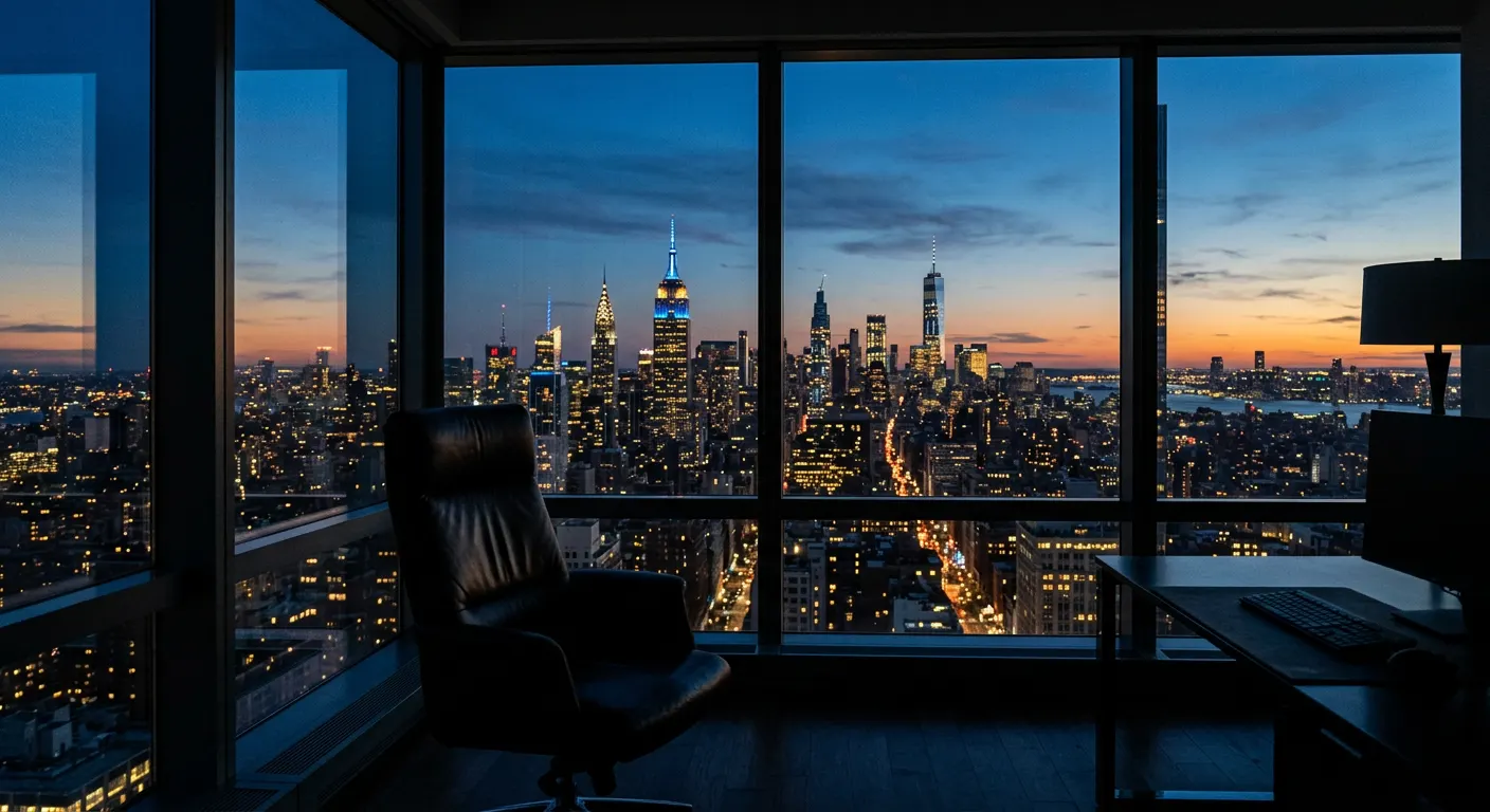 Skyline de Nova York ao entardecer visto de um escritório alto
