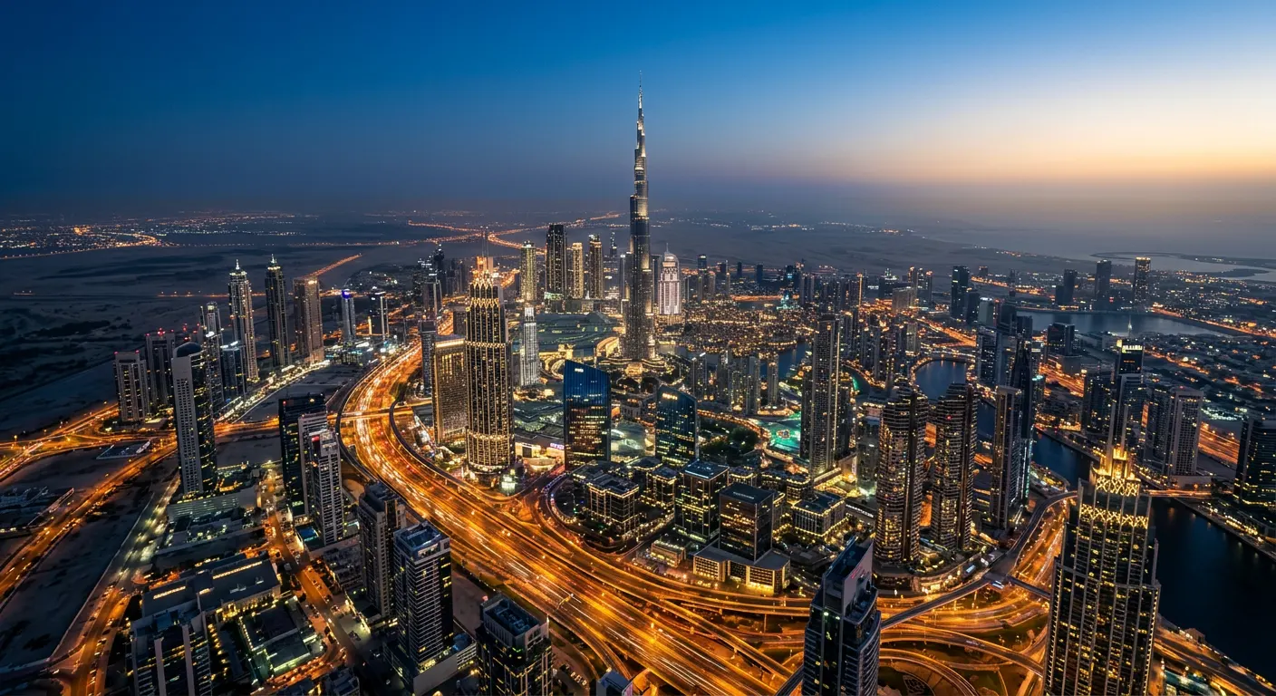 Vista aérea de Dubai com arranha-céus ao anoitecer
