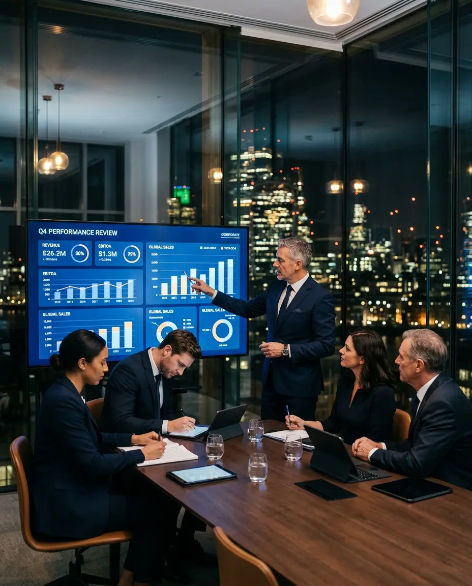 Executivos analisando painel financeiro em sala de reunião com vista noturna