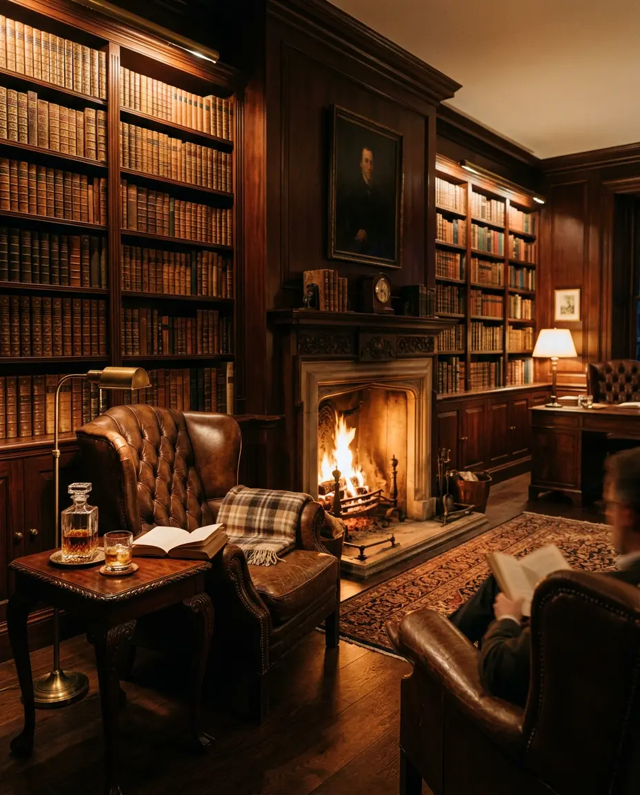 Biblioteca clássica com poltronas de couro e lareira acesa