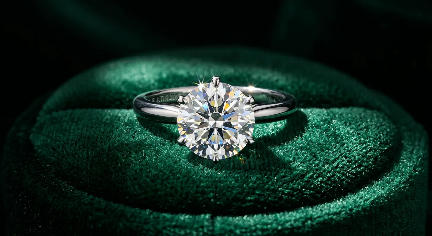 Anel solitário de diamante sobre veludo verde-escuro com luz dramática