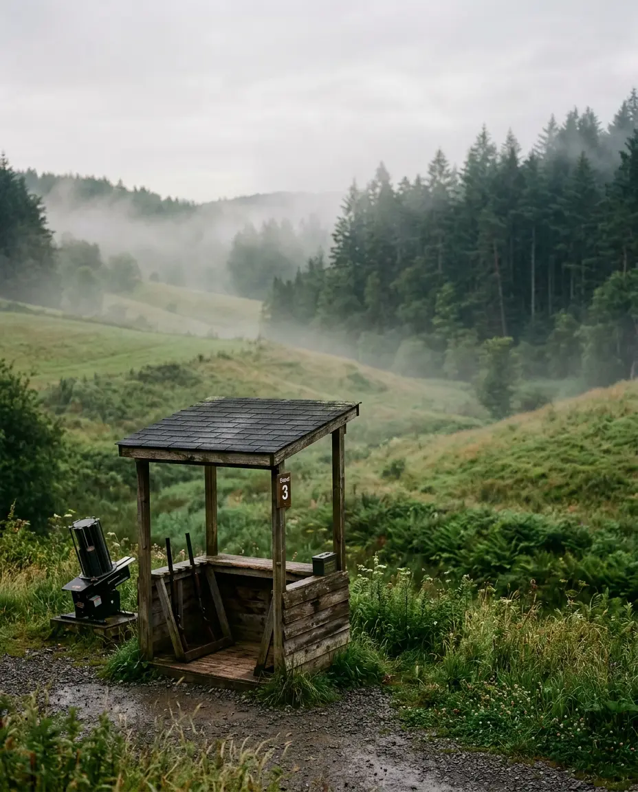 Estande de tiro esportivo ao ar livre em campo verde com neblina