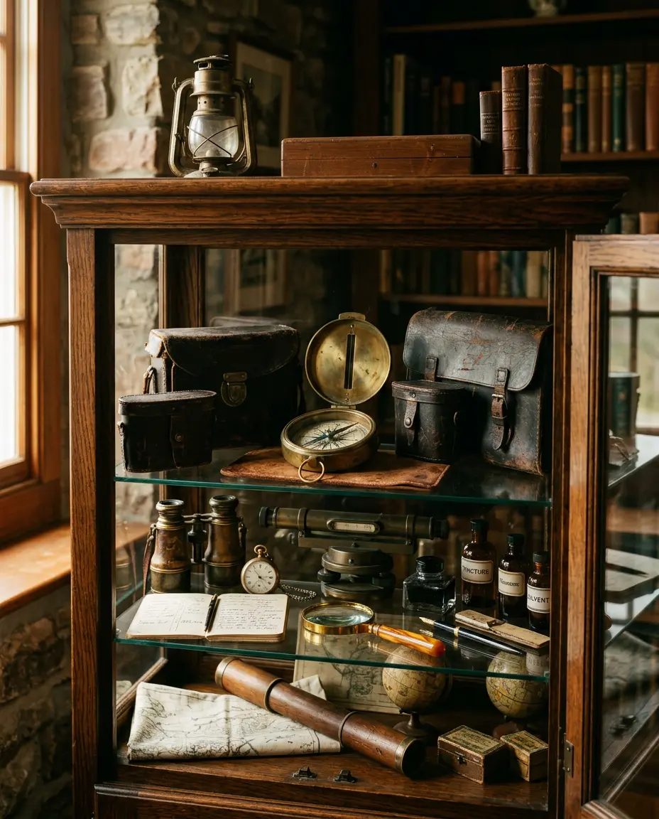 Vitrine de madeira com peças de colecionismo e couro envelhecido