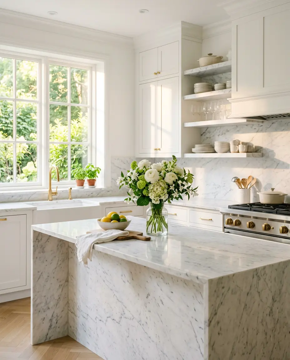 Cozinha de mármore branco impecável com luz da manhã