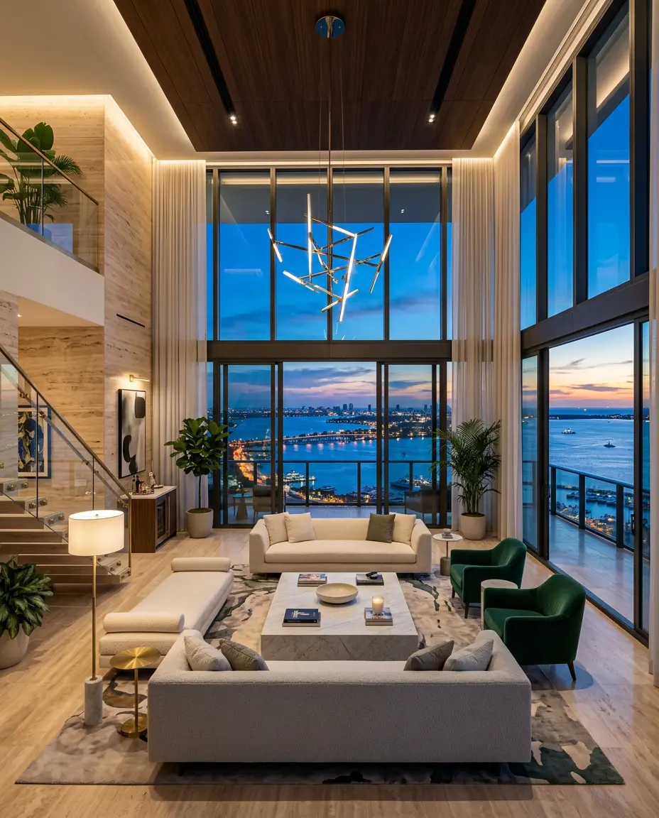 Penthouse com pé-direito duplo e vista para a baía de Miami