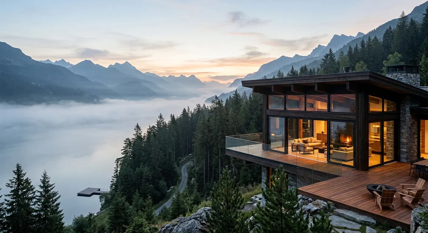 Retiro em casa de montanha com vista para lago ao amanhecer