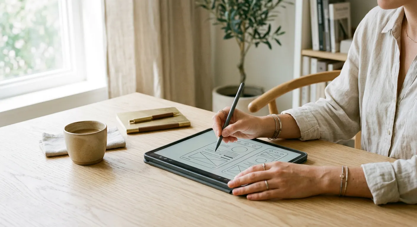 Designer desenhando interface em tablet sobre mesa de estúdio minimalista