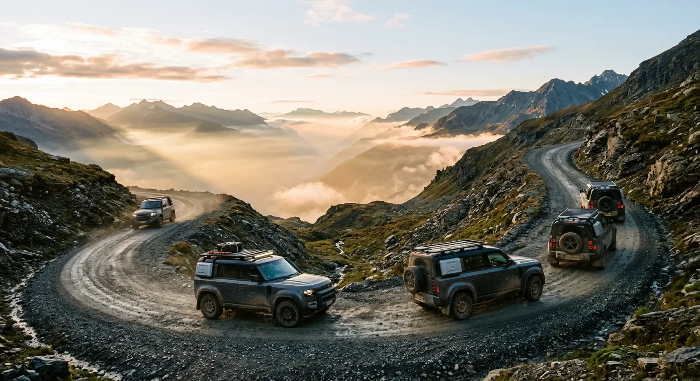 Comboio de veículos off-road em estrada de montanha ao amanhecer