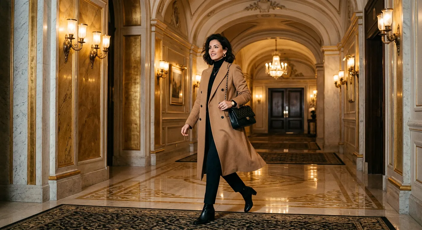 Mulher elegante caminhando confiante em corredor de hotel de luxo