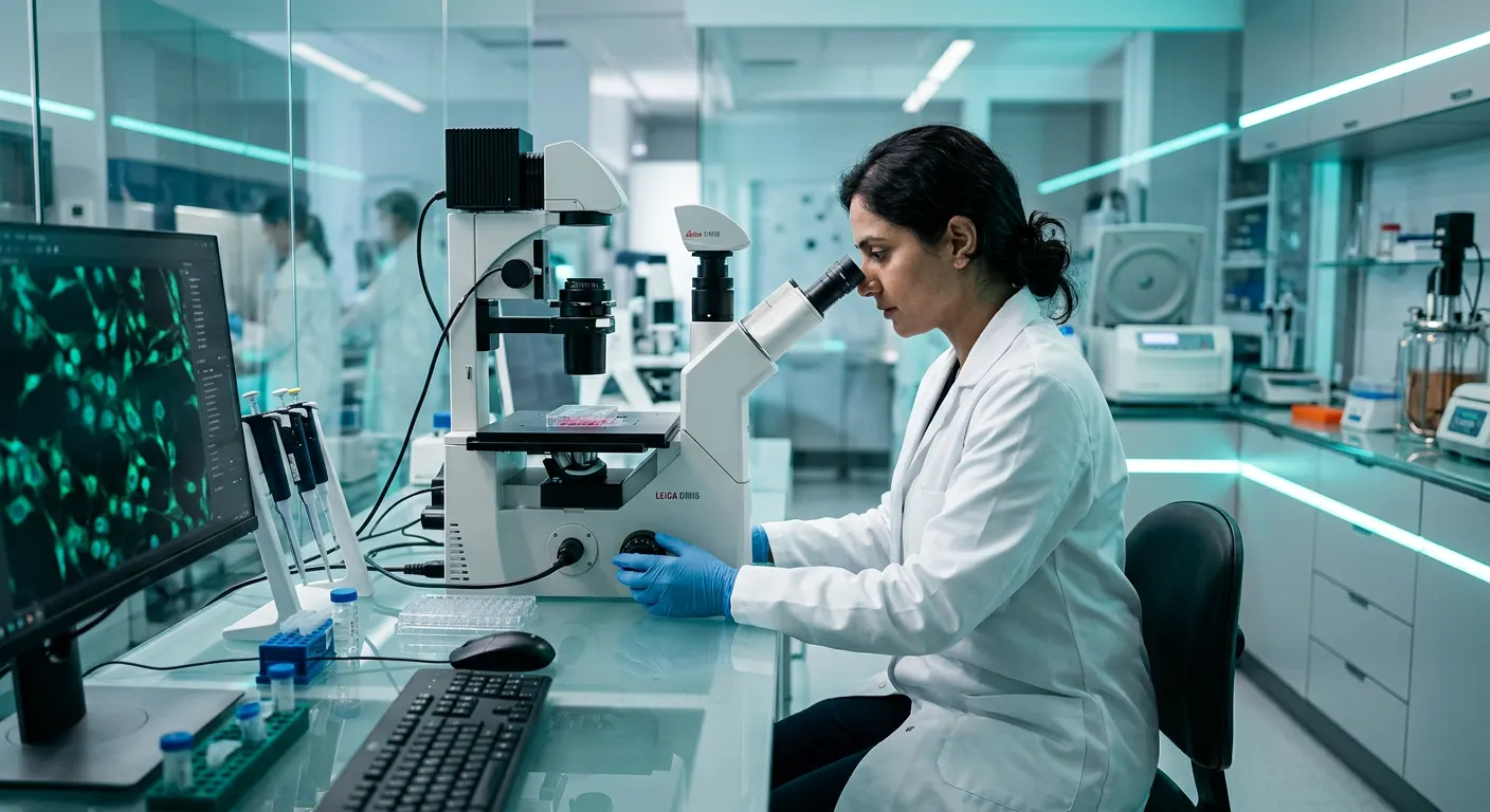 Cientista em laboratório moderno analisando amostras com microscópio