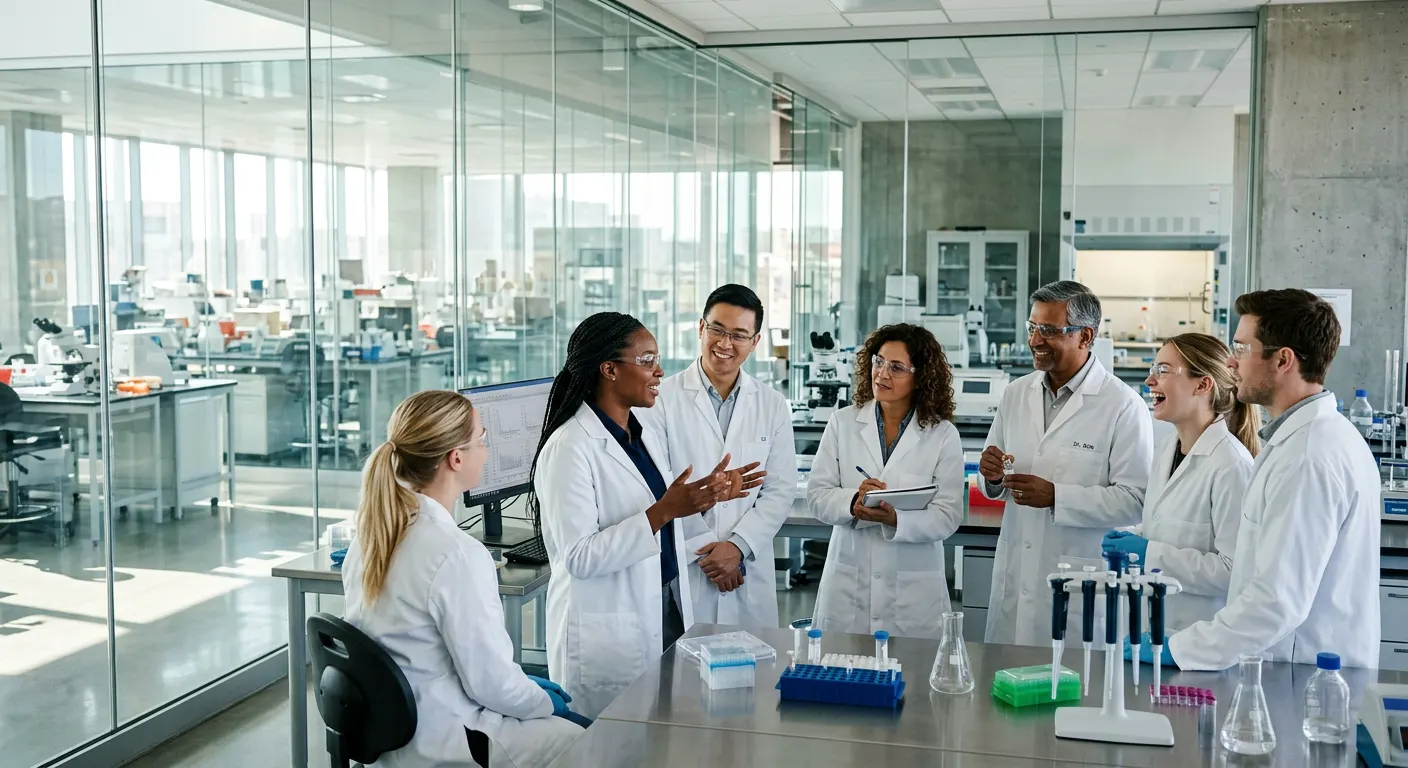 Grupo de pesquisadores conversando em laboratório de vidro