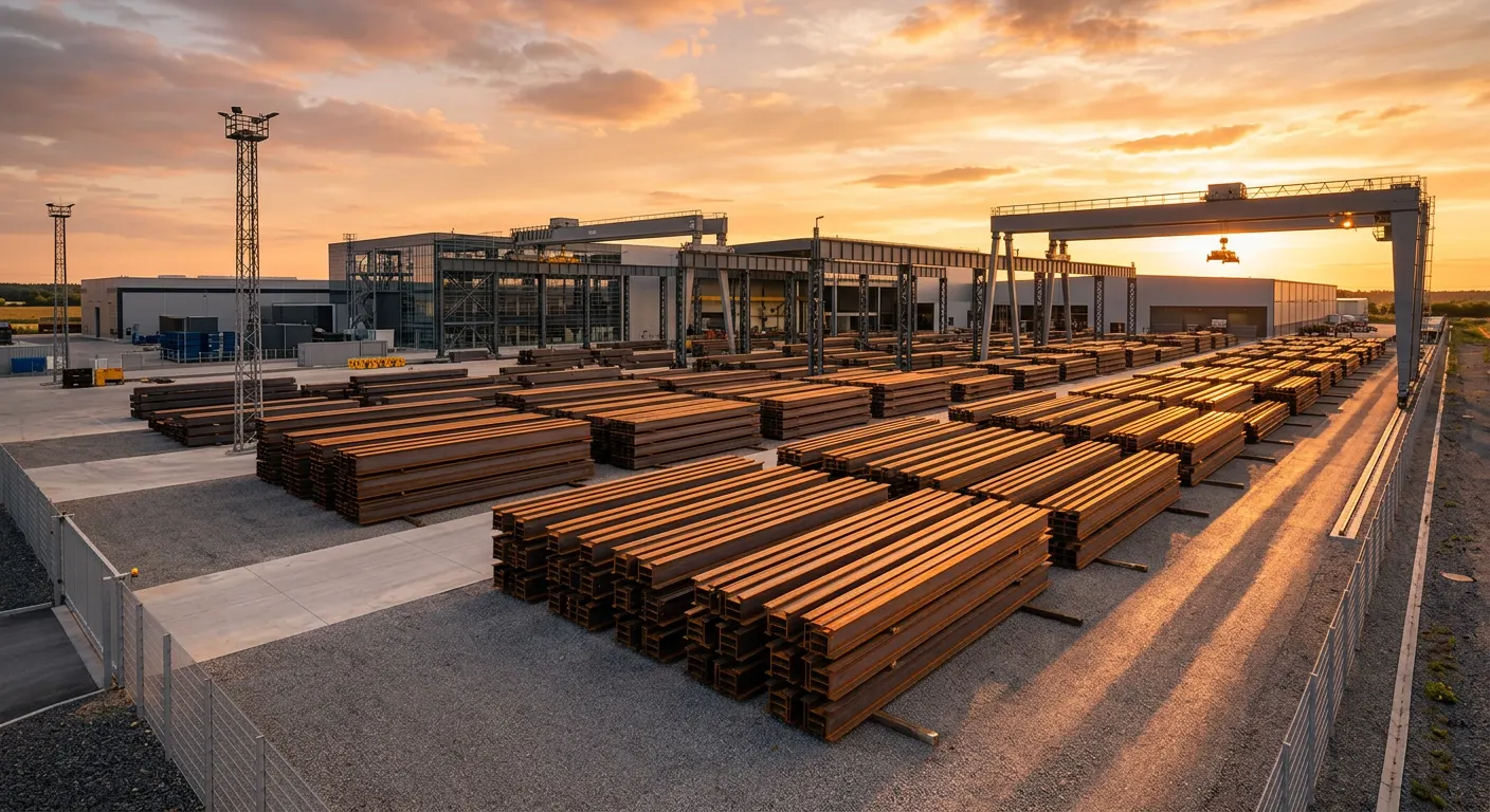 Pátio industrial com pilhas organizadas de vigas de aço ao entardecer