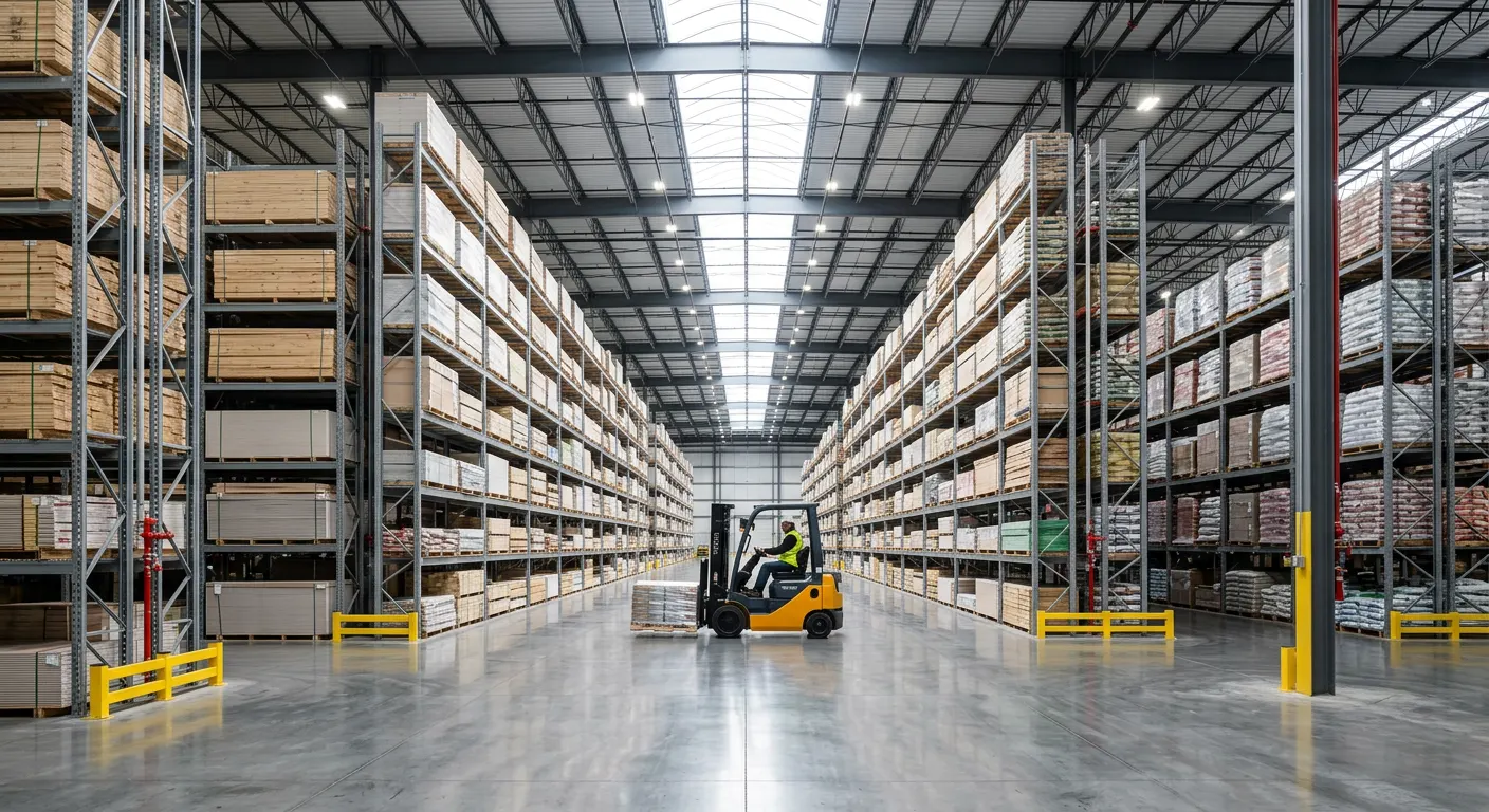 Centro logístico moderno com empilhadeira e prateleiras altas
