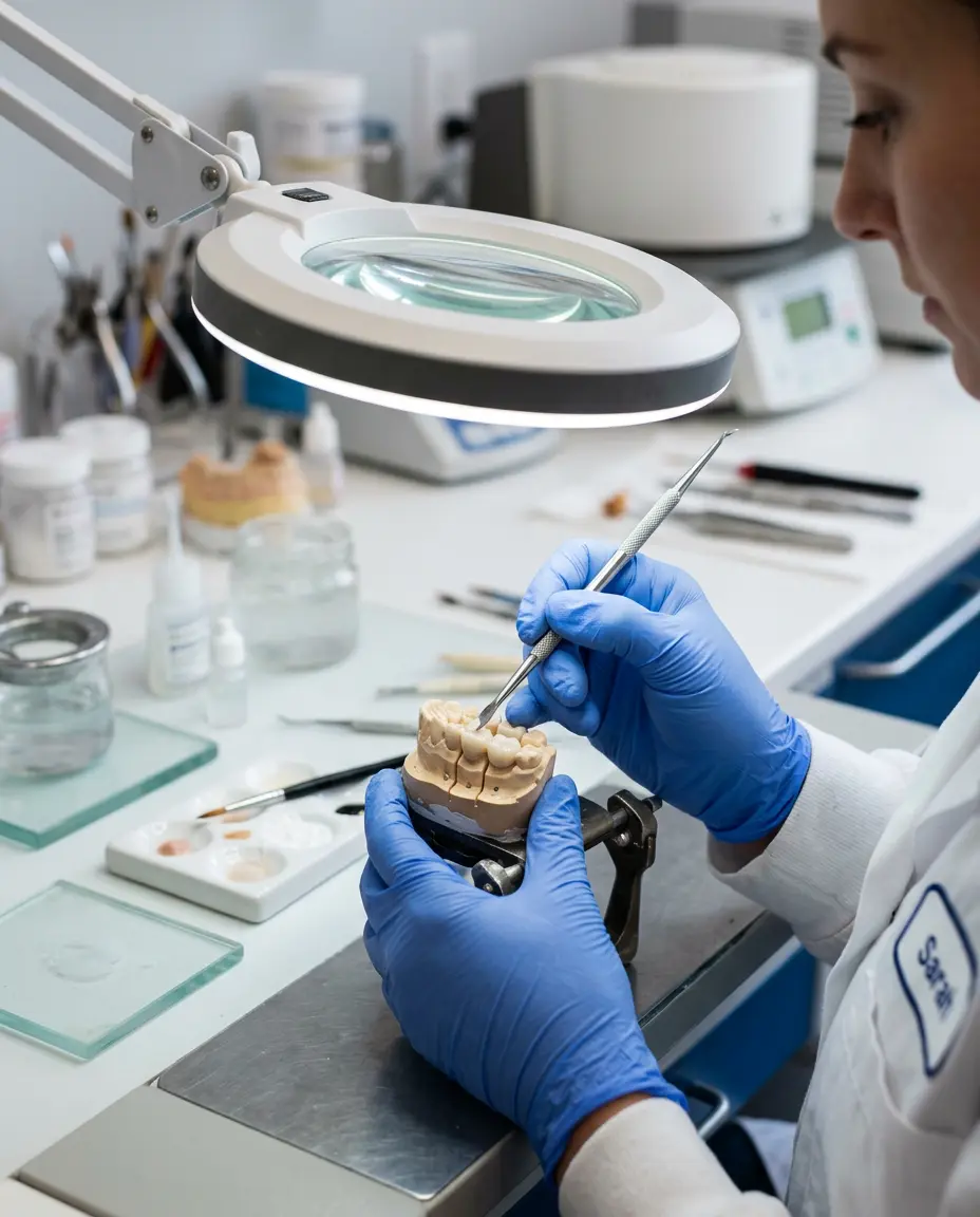 Técnico em laboratório de prótese dental trabalhando com precisão