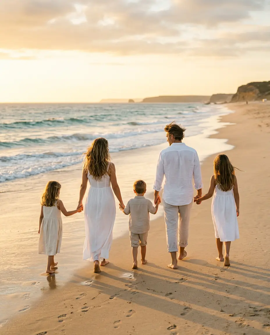 Família caminhando em uma praia ampla ao entardecer
