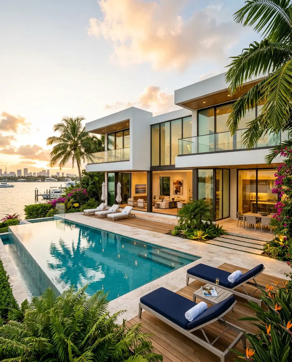 Residência contemporânea branca com piscina e palmeiras em Miami
