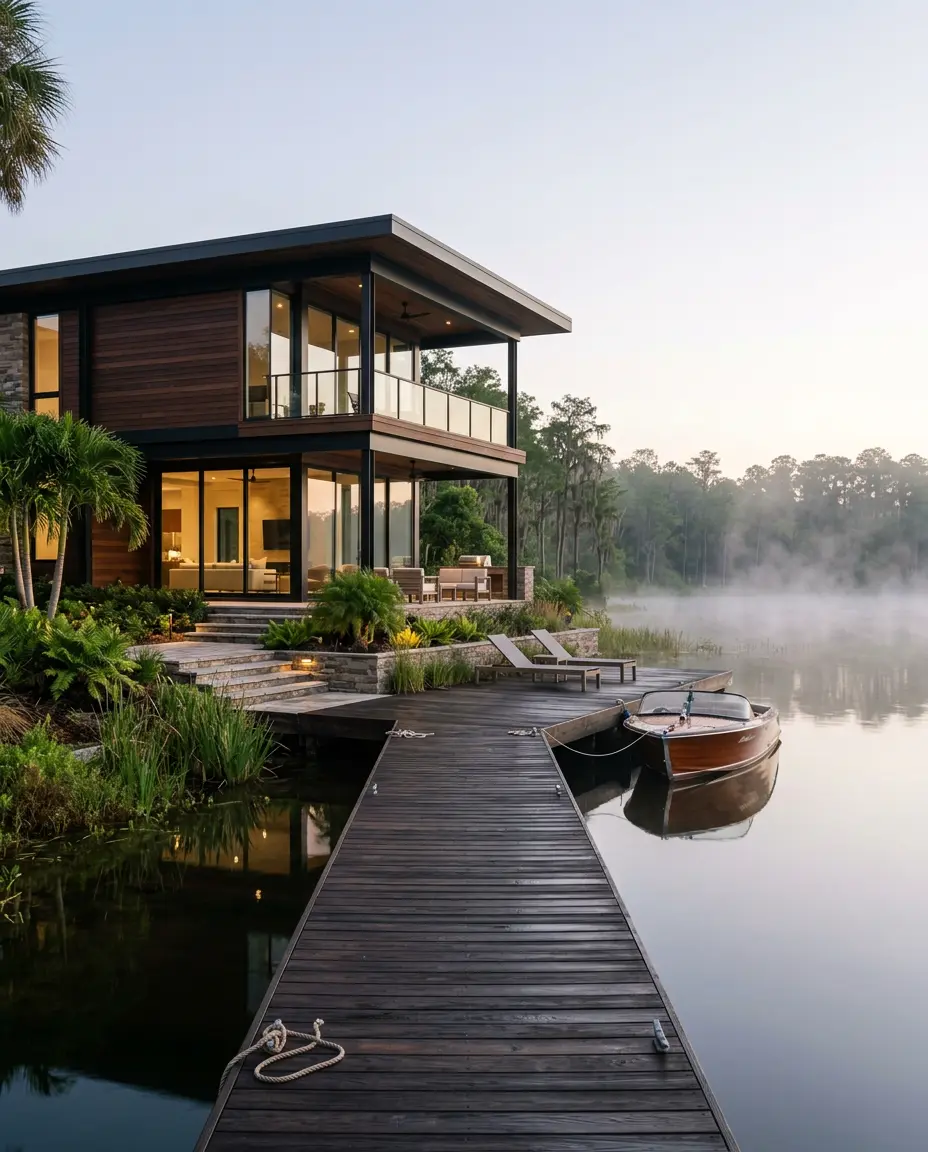 Casa moderna de madeira e vidro à beira de um lago com píer particular